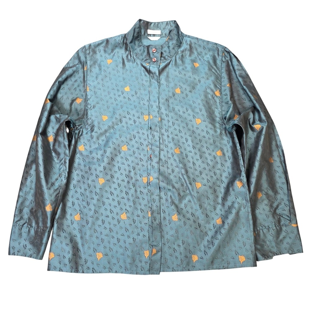 Vintage Tahari 100% Silk Mandarin Collar Jacquard Blouse Women's Size 8 Teal